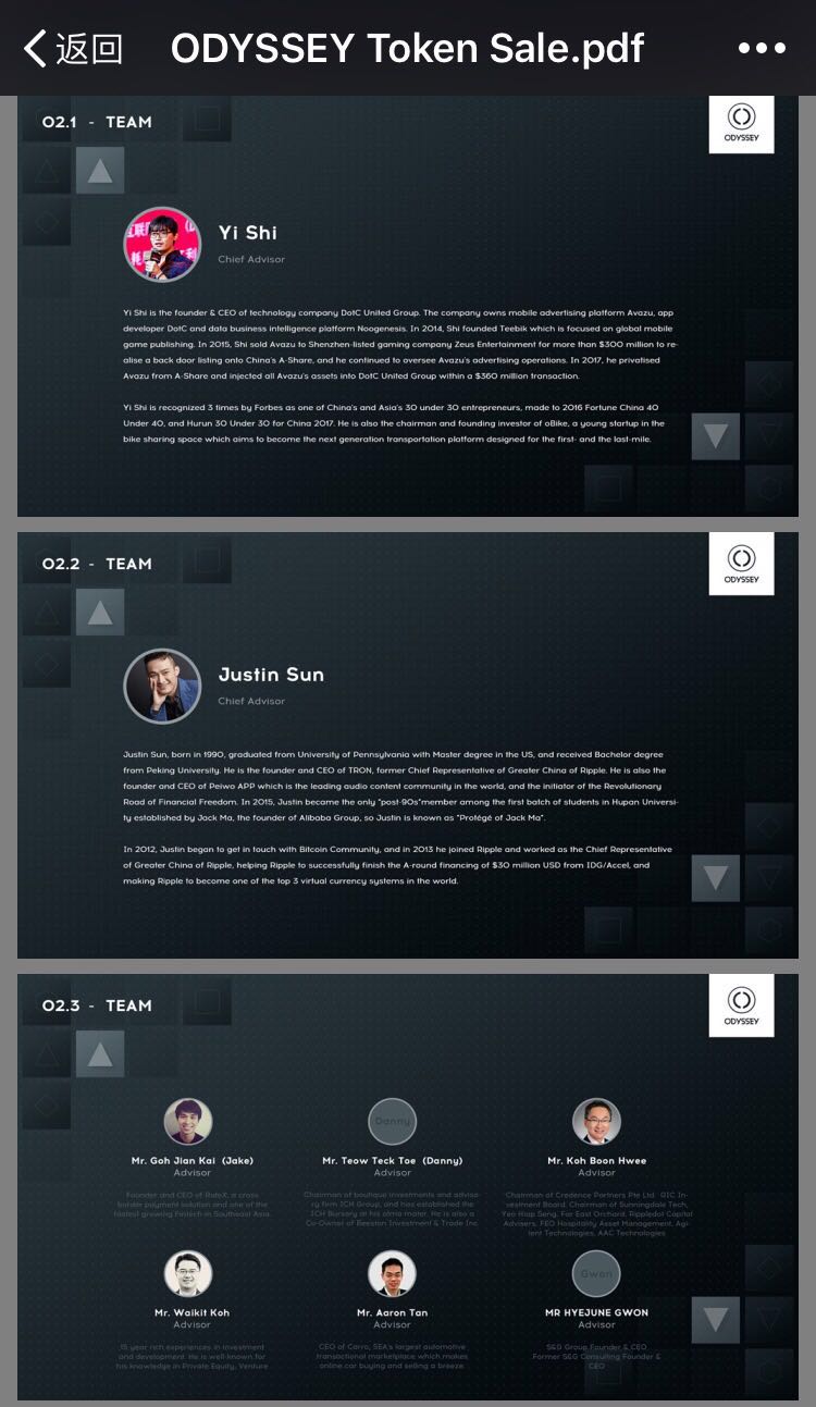 Odyssey token Sale显示，Odyssey 团队只有2位首席顾问和6位普通顾问。