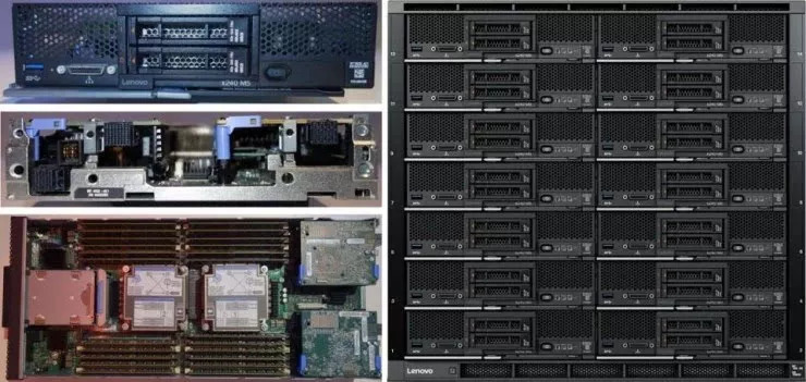 2014 年 8 月, IBM 推出配置 POWER7 及 x86 服务器的 Flex 系统 联想在买下 x86 服务器业务之后,同样继承了 Flex 系统及System xM5 图为联想 Flex 系统底盘 及 x240 M5 叶片
