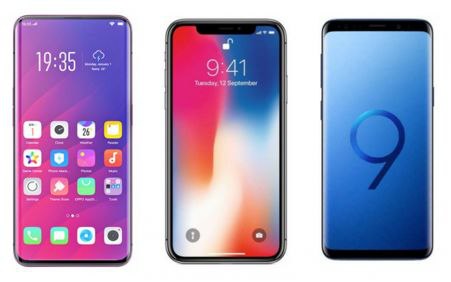 OPPO FindX、iPhone X 和 Samsung Galaxy S9,都属于高端智能手机类型;其中OPPO和Samsung均采用的Android操作系统